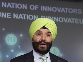 Federal Minister of Innovation, Science and Economic Development Navdeep Bains speaks during a news conference, Tuesday, June 14, 2016 in Ottawa.