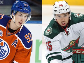 Edmonton Oilers centre Ryan Nugent-Hopkins, left, and Minnesota WIld defenceman Matthew Dumba.