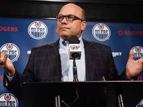 Edmonton Oilers general manager Peter Chiarelli speaks to the media during the Edmonton Oilers' end-of-the-year press conference in Edmonton, Alta., on Sunday, April 10, 2016.