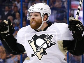 Phil Kessel #81 of the Pittsburgh Penguins celebrates after scoring a goal against Andrei Vasilevskiy #88 of the Tampa Bay Lightning during the first period in Game Six of the Eastern Conference Final during the 2016 NHL Stanley Cup Playoffs at Amalie Arena on May 24, 2016 in Tampa, Florida.