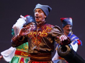 Nicholas Doblanko and other dancers perform during rehearsals for Kaleidoscope of Ukrainian Dance at the Jubilee Auditorium.