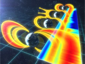 An illustration showing changes in the Van Allen Belts as a "space tsunami" of solar radiation batters Earth's magnetic field.