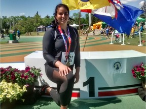 Shot putter Gabrielle Rains broke a record at the Alberta provincial high school track and field championships in Edmonton on June 4, 2016.