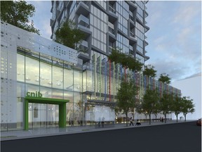 A rendering of the CNIB building planned for Jasper Avenue and 120 Street in downtown Edmonton. Coloured fins in high-contrast colours and a brail design for the frosted glass speak to the clients who would seek out this building.