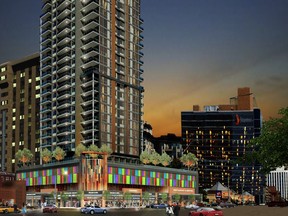 If approved, Regency Developments' Emerald Tower will soar 45-storeys in the Oliver neighbourhood. The design includes above ground parking hidden by coloured glass and a daycare space on the podium.