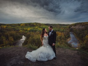 Adam and Katie Hussynec posed on a cliff in Abasand at their September 2015 wedding.