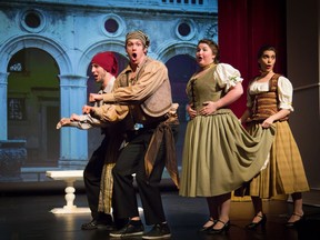 The cast of Opera Nuova's production of Gondoliers. From left to right: Ian Cleary, Sebastien Comtois, Alyssa Durnie and Bailey Cameron.