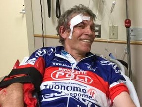 Lawyer Hu Young skidded on a cattle guard while cycling into Lake Louise on CASA's 900-km fundraisng bike ride and was taking to hospital in Banff to repair multiple elbow fractures.