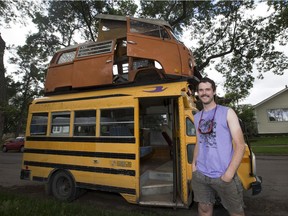 Paul Caspers has welded a VW van to his school bus to take on a road trip to music festivals this summer.
