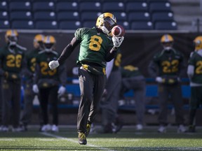 Edmonton Eskimos Cauchy Muamba (8) catches the ball during a team practice on November 27, 2015 in Winnipeg.