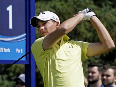 Aaron Wise of Lake Elsinore, Calif., hits a ball at the Syncrude Oil Country Championship held at the Glendale Golf & Country Club in Edmonton on July 31, 2016.