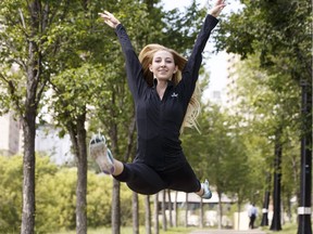 Ballet dancer Kylee Hart demonstrates her off-season exercise regimen in the river valley at Louise McKinney Park.