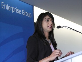 Bardish Chagger, Canadian minister of small business and tourism, spoke to the Alberta Enterprise Group July 11, 2016, pitching her innovation agenda but facing questions about her government's failure to lower small business taxes from 10.5 to nine per cent.