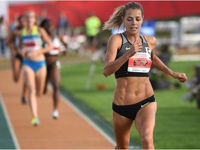 Canadian Melissa Bishop crossing the finishline well ahead of the pack to set a new Canadian record in the Women 800 metre final during TrackTown Classic at Foote Field in Edmonton Friday, July 15, 2016.