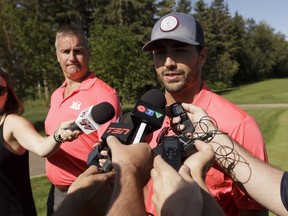 Edmonton Oilers forward Jordan Eberle speaks with the media during Celebrity Pro-Am play at the Syncrude Oil Country Championship held at Glendale Golf & Country Club in Edmonton, on Monday, July 25, 2016. Ian Kucerak / Postmedia (For Edmonton Journal story by Jim Matheson) For a story by Jim Matheson running July 26