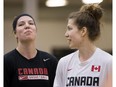 Katherine Plouffe, left, and sister Michelle Plouffe practice with the Canadian National Women's basketball team at the Saville Centre on May,  24 2016 in Edmonton. The two Edmontonians are heading to the Rio Olympics.
