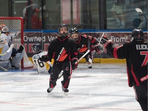 Team Alberta's Grayson Niehaus celebrates a goal during the Brick super novice hockey tournament at West Edmonton Mall earlier this week.