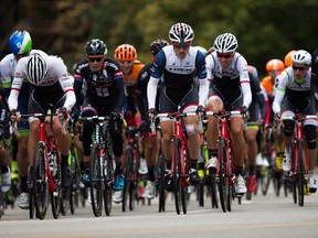 EDMONTON, Alta: Sept. 7, 2015 - Racers climb up Bellamy Hill Rd. in Edmonton during Stage 6 of the Tour of Alberta on Sept. 7, 2015. Photo by Topher Seguin