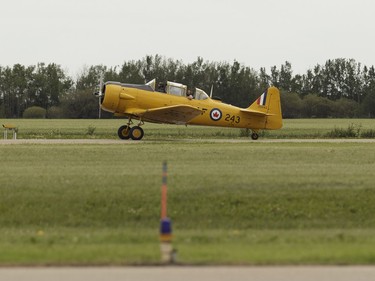 Yellow Thunder pilot David Watson and Edmonton Journal reporter Juris Graney lands in Watson's Harvard airplane from Villeneuve Airport ahead of the Edmonton Air Show in Sturgeon County, on Thursday, July 21, 2016.