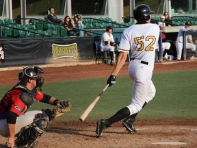 Edmonton Prospects hitter Jordan Zazulak, shown here during a game on July 15, sparked the Prospects' offence in the fourth inning Thursday with a three-RBI double. (Katt Adachi)