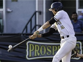 Edmonton Prospects infielder Nick Spillman gets his bat on the ball in a game earlier this season in Western Major Baseball League play. The Prospects are trying to cling to a playoff spot.