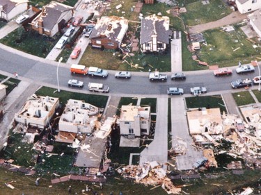 The devastation is seen from the air of the Claireview neighbourhood after a massive tornado hit Edmonton on Friday July 31, 1987.