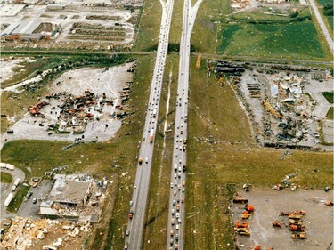 A aerial view of the devastation along Sherwood Park Freeway  after a massive tornado hit Edmonton on Friday July 31, 1987.