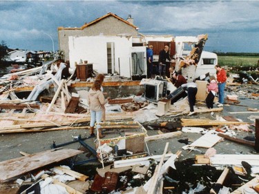 The Grandish home at 14527-19 St., was completely destroyed by a massive tornado in Edmonton on July 31, 1987. Mary Grandish  and her "Miricale Baby" 3-1/2 month -old Cody survived the ordeal with minor injuries.