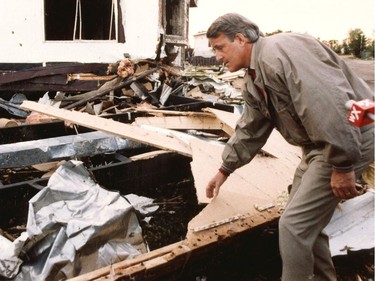 Canadian Prime Minister, Brian Mulroney, tours the devastation at the Evergreen Mobile Home Park after a massive tornado hit Edmonton on Friday July 31, 1987.
