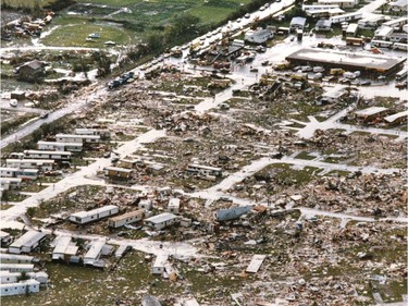 The devastation is seen from the air at the Evergreen Mobile Home Park after a massive tornado hit Edmonton on Friday July 31, 1987.