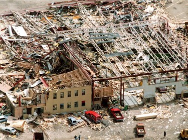 The devastation is seen from the air at Alberta Truss off of Baseline road near 20 St., after a massive tornado hit Edmonton on Friday July 31, 1987.