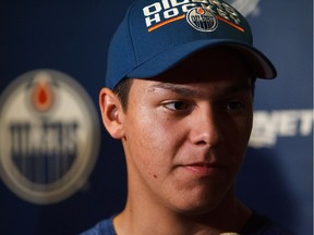 Ethan Bear speaks to reporters during Edmonton Oilers orientation camp at Rexall Place in Edmonton on July 2, 2016.