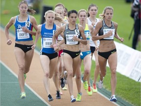 Melissa Bishop, right, and Rachel Francois lead the pack during a heat of the senior women's 800m semi-final at the Canadian Track and Field Championships and Olympic trials in Edmonton on July 9, 2016. Bishop and Francois were inspired by Canadian 800m runner Diane Cummins.