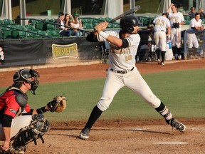 Prospects hitter Nick Spillman, shown here at the former Telus Field July 15 in a game against Yorkton, hit three for five on Tuesday but was left on base each time.