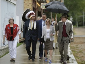 Alberta Premier Rachel Notley takes a stroll at Fort Edmonton Park with (left to right) Audrey Poitras, president, Métis Association of Alberta; Tony Alexis, Treaty 6 grand chief; Coun. Dave Loken and Tom Long, public interpretation co-ordinator Fort Edmonton Park, on Wednesday July 6, 2016.