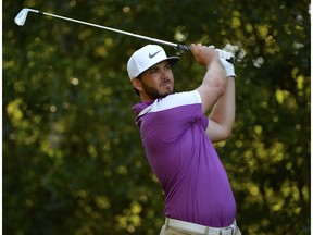 Joseph Harrison makes a tee shot on the 18th hole during round two of the Syncrude Oil Country Championship presented by AECON at the Glendale Golf and Country Club on July 29, 2016 in Edmonton, Alberta, Canada.