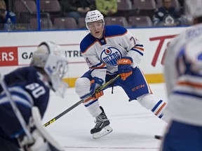 PENTICTON, BC. SEPTEMBER 14, 2015 - ETHAN BEAR of the Edmonton Oilers prospects against the Winnipeg Jets  at the South Okanagan Events Centre in Penticton.  Shaughn Butts/Edmonton Journal