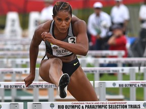 Phylicia George clears a hurdle on the way to winning the senior women's 100m event at the Canadian Track and Field Championships at Edmonton's Foote Field on Sunday, July 10, 2016.