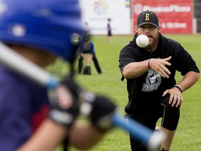 Nathan Finn  during the Edmonton Prospects' youth baseball camp at the former Telus Filed, in Edmonton on Wednesday July 20, 2016. Photo by David Bloom