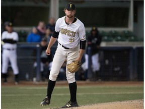 Edmonton Prospects pitcher Noah Gapp (21) reacts to a pitch against the Fort McMurray Giants at the former Telus Field, in Edmonton Alta. on Saturday May 28, 2016. Photo by David Bloom