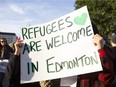 Supporters demonstrate during a Refugees Welcome rally held at the Alberta Legislature in Edmonton on Tuesday Sept. 8, 2015. More than 4,000 Syrian refugees now call Alberta home.