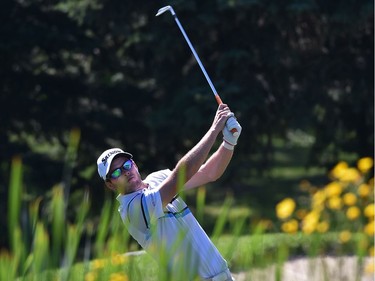 Riley Fleming of Airdrie, Alta., got a bit close to the weeds on the 18th hole as he went on to shoot 10 under during Round 2 of the Syncrude Oil Country Championship at the Glendale Golf & Country Club in Edmonton on July 29, 2016.