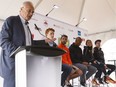 Peter Ogilvie (left), TrackTown Canada's CEO, speaks during the Road to Rio press conference at Foote Field in Edmonton, on Wednesday, July 6, 2016. The track and field event runs from July 7 - 10.