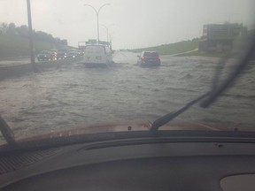 Shawna Serniak and her son Trylan, 19, were caught in a flooded underpass on the Whitemud during a torrential rainstorm in 2016. This picture was taken from Serniak's Facebook page, and shows the flood, taken from inside the family's Dodge Journey.