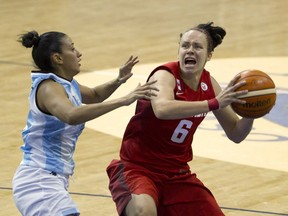 Canada's Shona Thorburn (right) shapes to shoot on Argentina's Debora Gonzalez during women's basketball at the Pan Am games in Toronto on Friday, July 17, 2015.