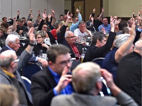 Supporters of conservative issues in Alberta, like this group meeting in Edmonton last April, have been talking for months about ways to unite the province's political right.