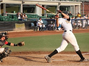 Kody Funderburk of the Edmonton Prospects takes a swing against the Yorkton Cardinals on Friday July 15th.