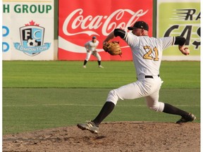 Edmonton Prospects pitcher Noah Gapp sends an offering from the mound earlier this season. The Prospects are trying to clinch a spot in the WMBL playoffs.