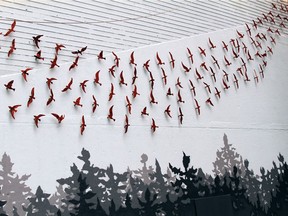 The new sculptural mural and gateway to Beaver Hills House Park, Amiskwacîw Wâskâyhkan Ihâtwin by Metis artist, Destiny Swiderski. Each bird has an individual surface designed by a community member.