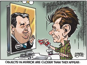 An editorial cartoon by Malcolm Mayes from June 2016, showing Jason Kenney may be closer to overtaking Brian Jean than it appears.